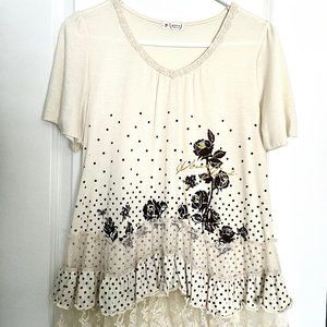 Japan Axes Femme Polka Dot Lace Flower Ruffle Top